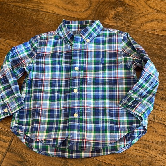 Ralph Lauren Blue and Green Plaid Button-Up Collared Kids Shirt - Picture 1 of 5